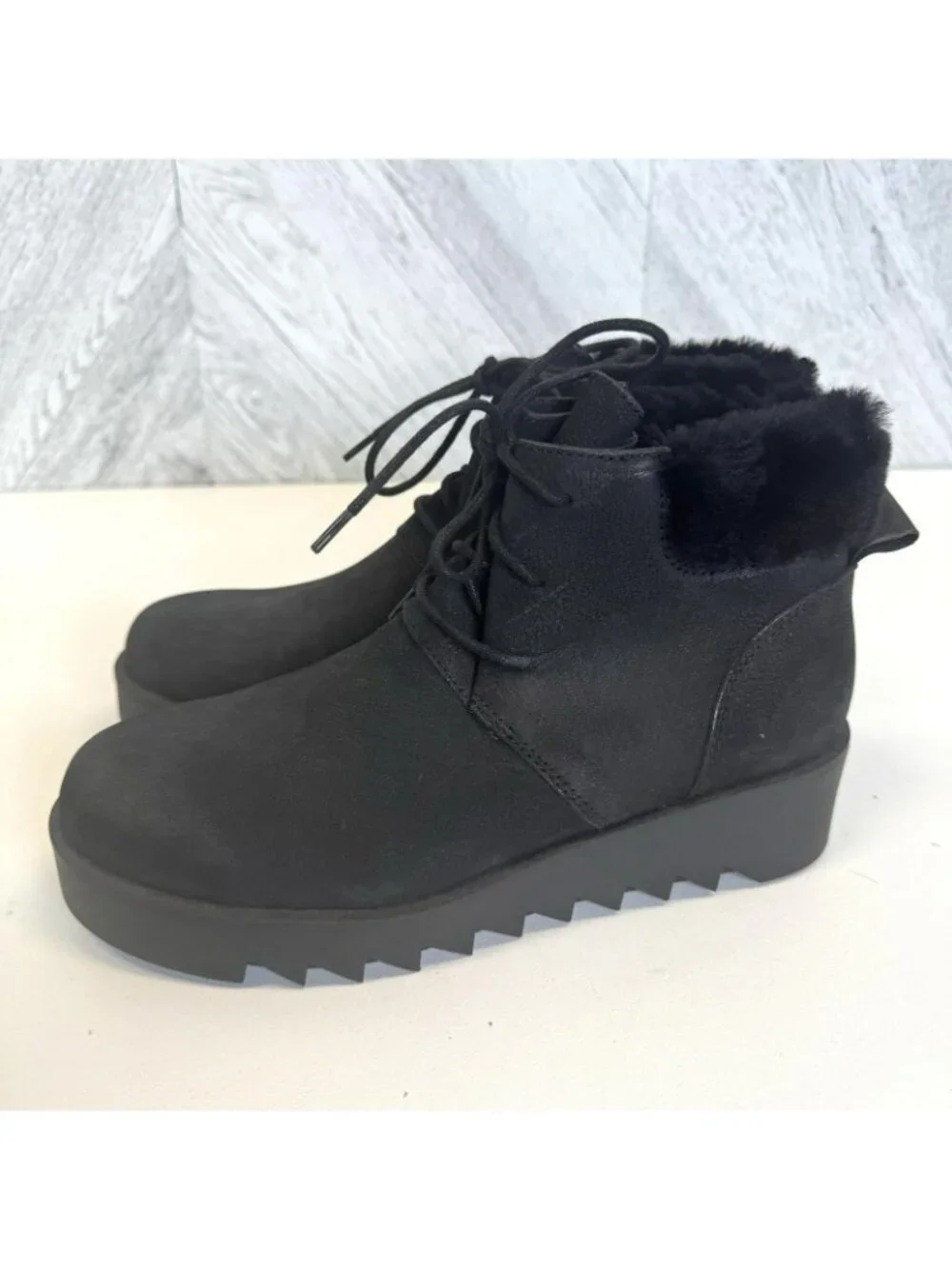 Eileen Fisher Kenille Boots Womens Size 8.5 Black Wedge Shearling Fur NEW NWOB